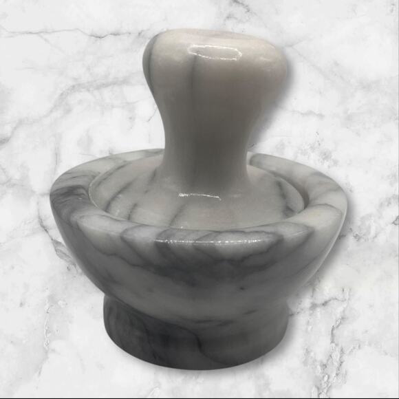 Marble Mushroom Mortar and Pestle in Gray and White Marble 4” Round 4” T - Picture 2 of 5